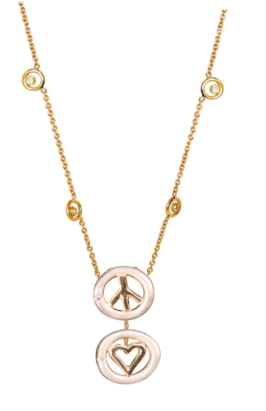 Peace & Love necklace 18K gold with dots of diamonds karma chain--Vertical Version-0