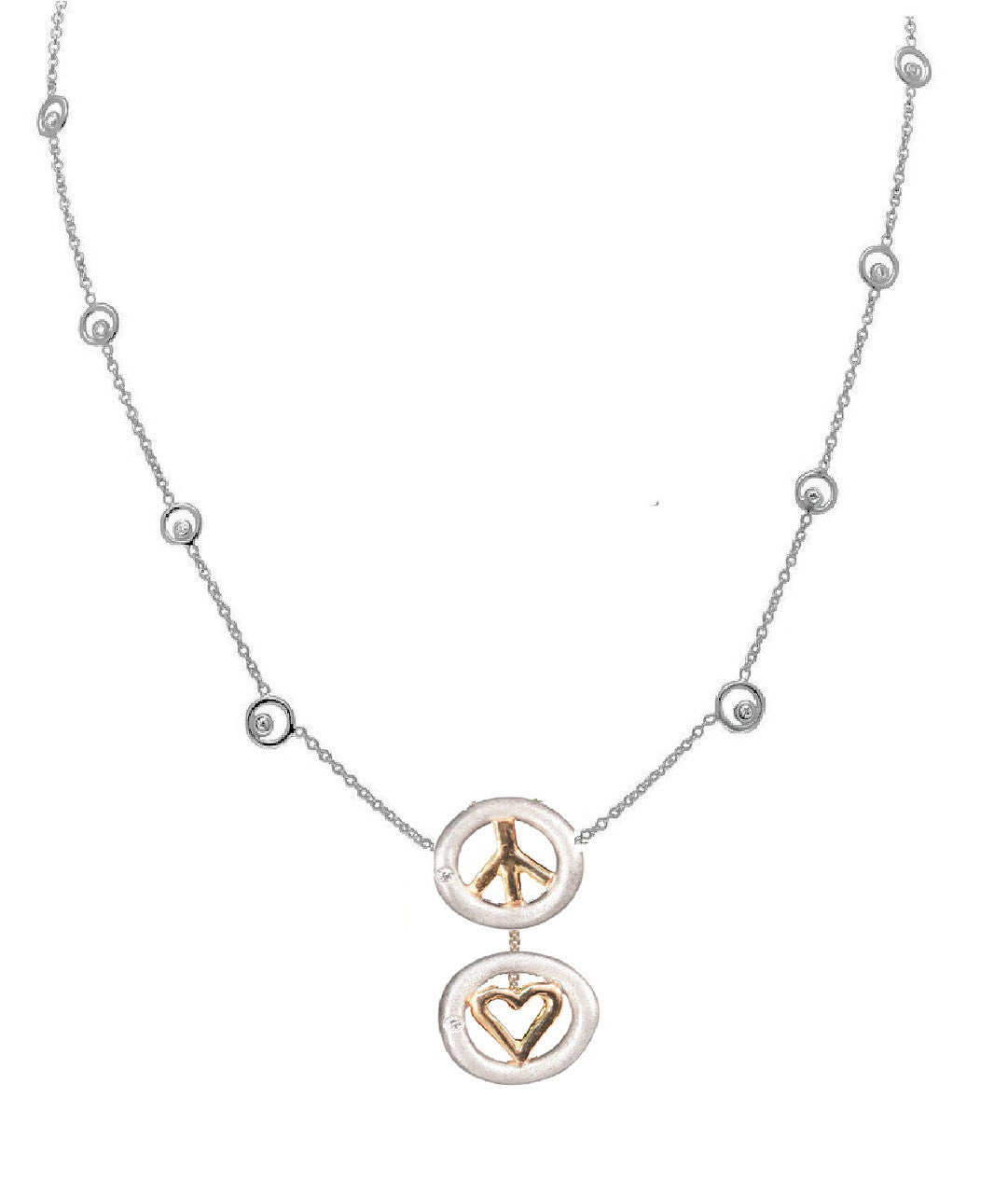 Peace & Love necklace 18k, sterling- silver dots of diamonds karma chain-Vertical Version-0