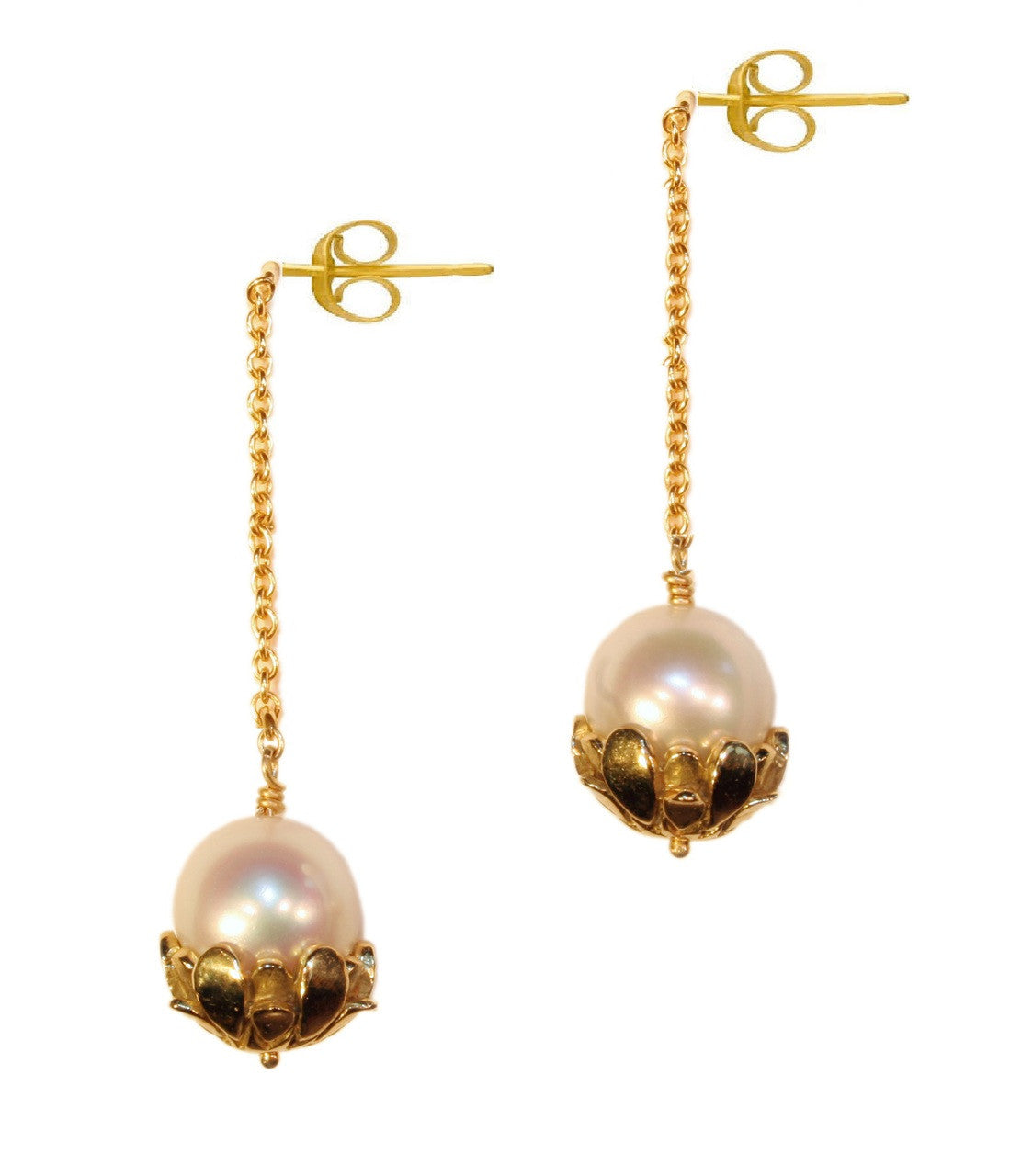 Pearl Drop Earrings-Flower caps in 14K gold with pearls.-0