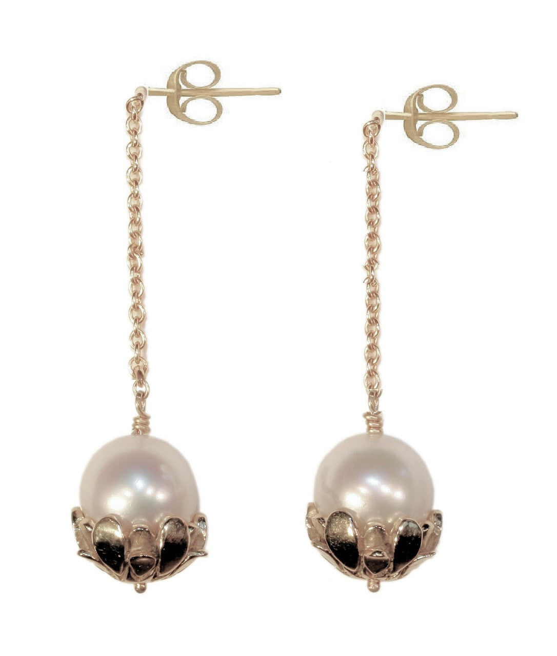 Pearl Drop Earrings-Flower caps in 14K gold with pearls.-6
