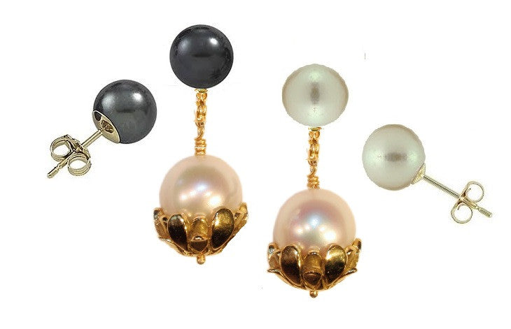Pearl Drop Earrings-Flower caps in 14K gold with pearls.-4