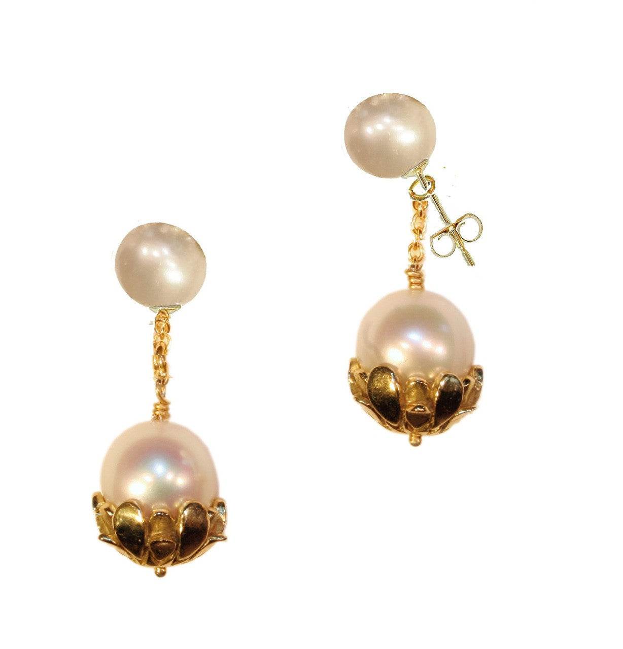 Pearl Drop Earrings-Flower caps in 14K gold with pearls.-1