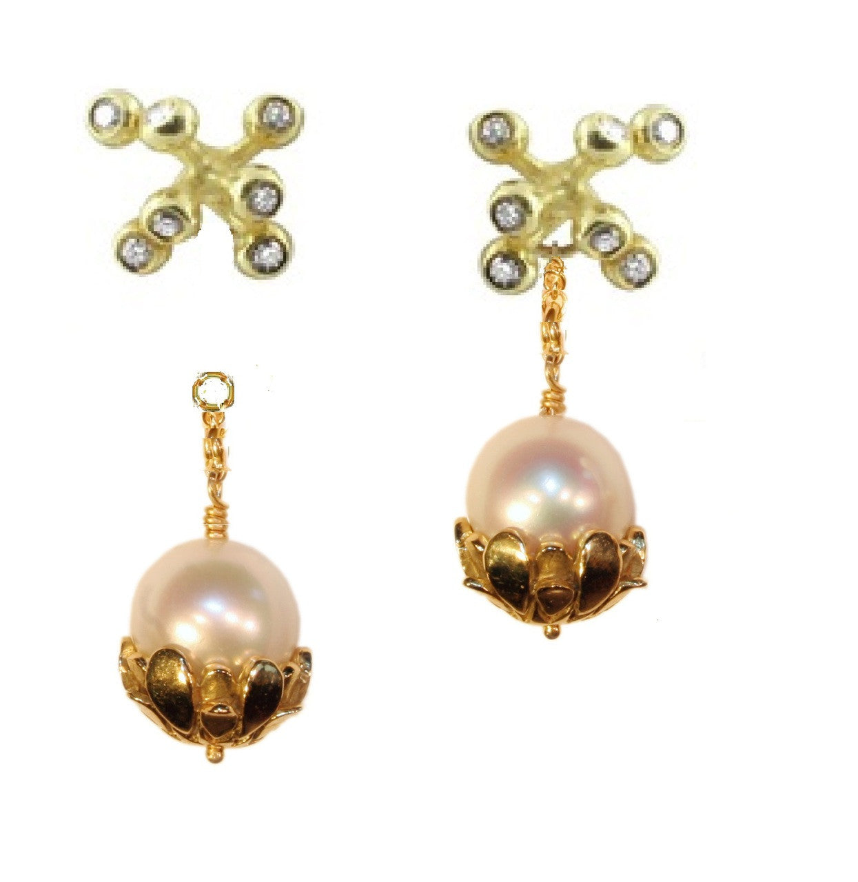 Pearl Drop Earrings-Flower caps in 14K gold with pearls.-2