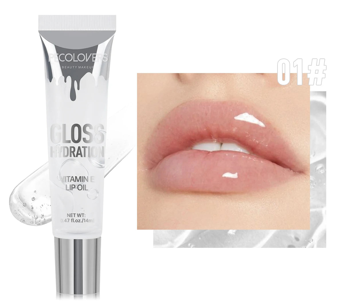 PecoLovers lip oil tube with a close-up of lips wearing the product on a white background.