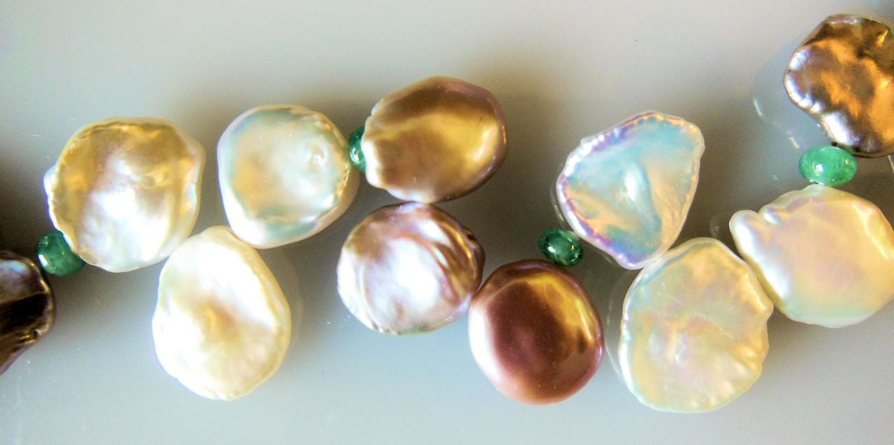 Petal Pearl Necklace- mixed peaches and white with emerald beads-0