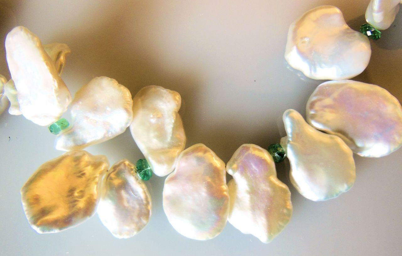 Petal Pearl Necklace- mixed peaches and white with emerald beads-2