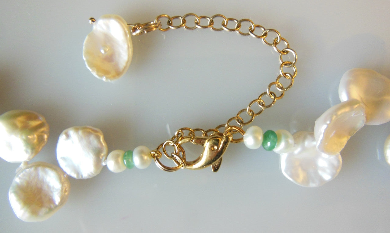 Petal Pearl Necklace- mixed peaches and white with emerald beads-8