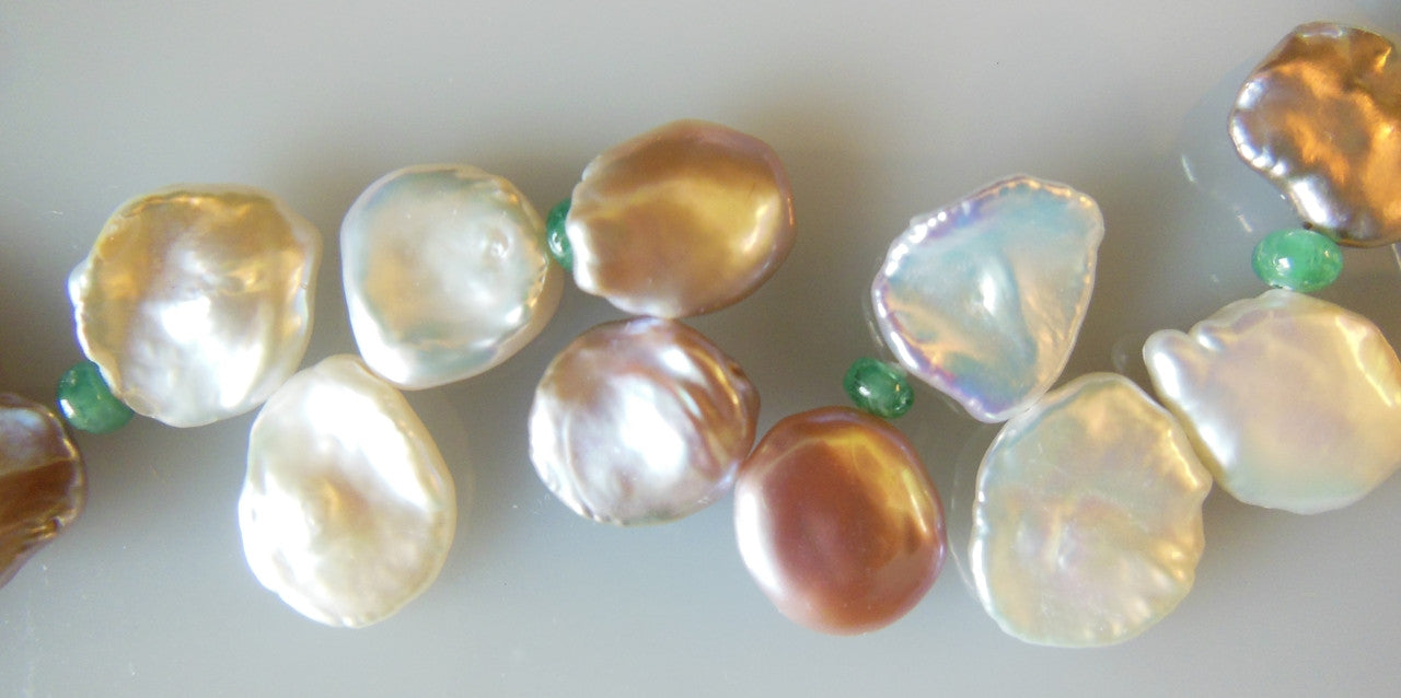 Petal Pearl Necklace- mixed peaches and white with emerald beads-4