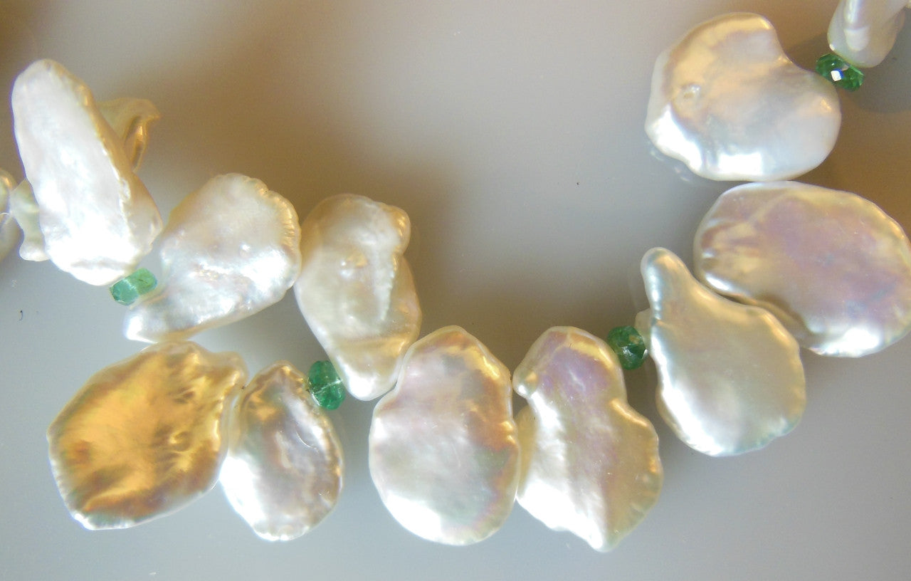Petal Pearl Necklace- mixed peaches and white with emerald beads-7