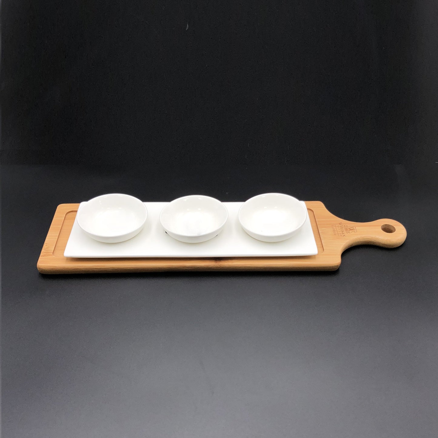A Mignardises (Petit Four) Serving Set With Bamboo Long Tray And Porcelain Dishes To Match-0