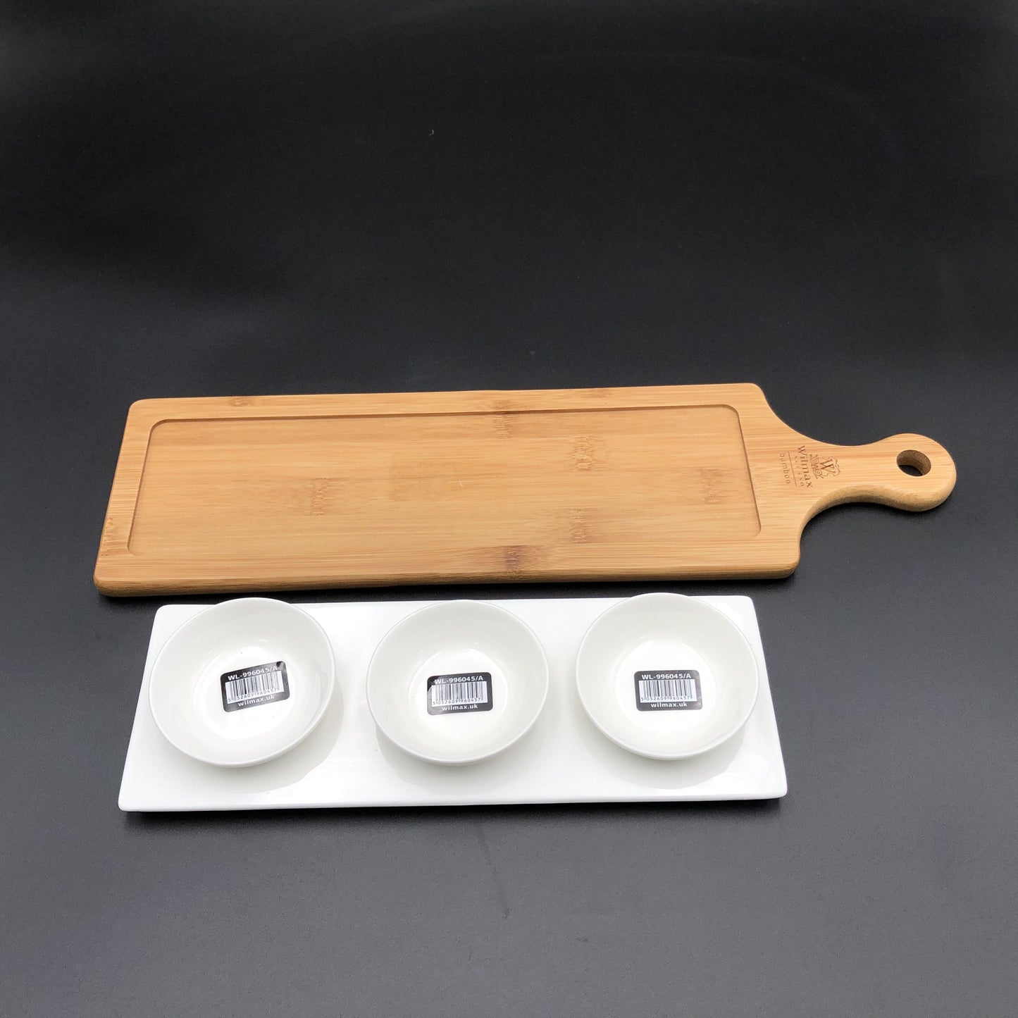 A Mignardises (Petit Four) Serving Set With Bamboo Long Tray And Porcelain Dishes To Match-1