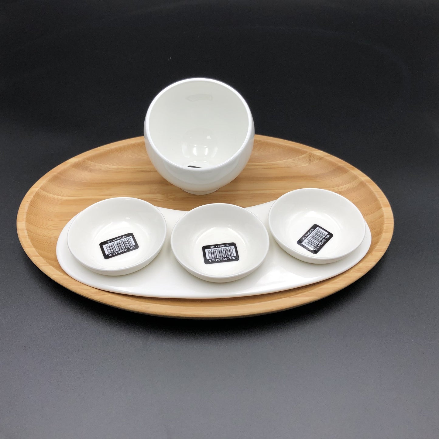 A Mignardises (Petit Four) Serving Set With Bamboo Oval Tray And Porcelain Dishes To Match-0