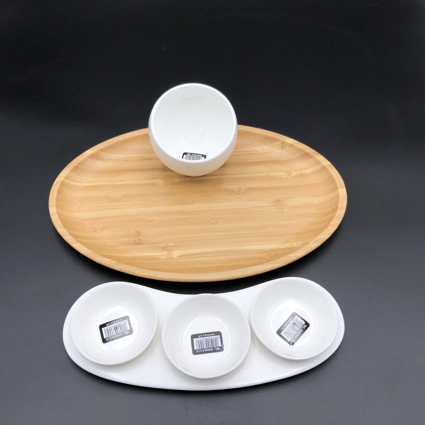 A Mignardises (Petit Four) Serving Set With Bamboo Oval Tray And Porcelain Dishes To Match-1