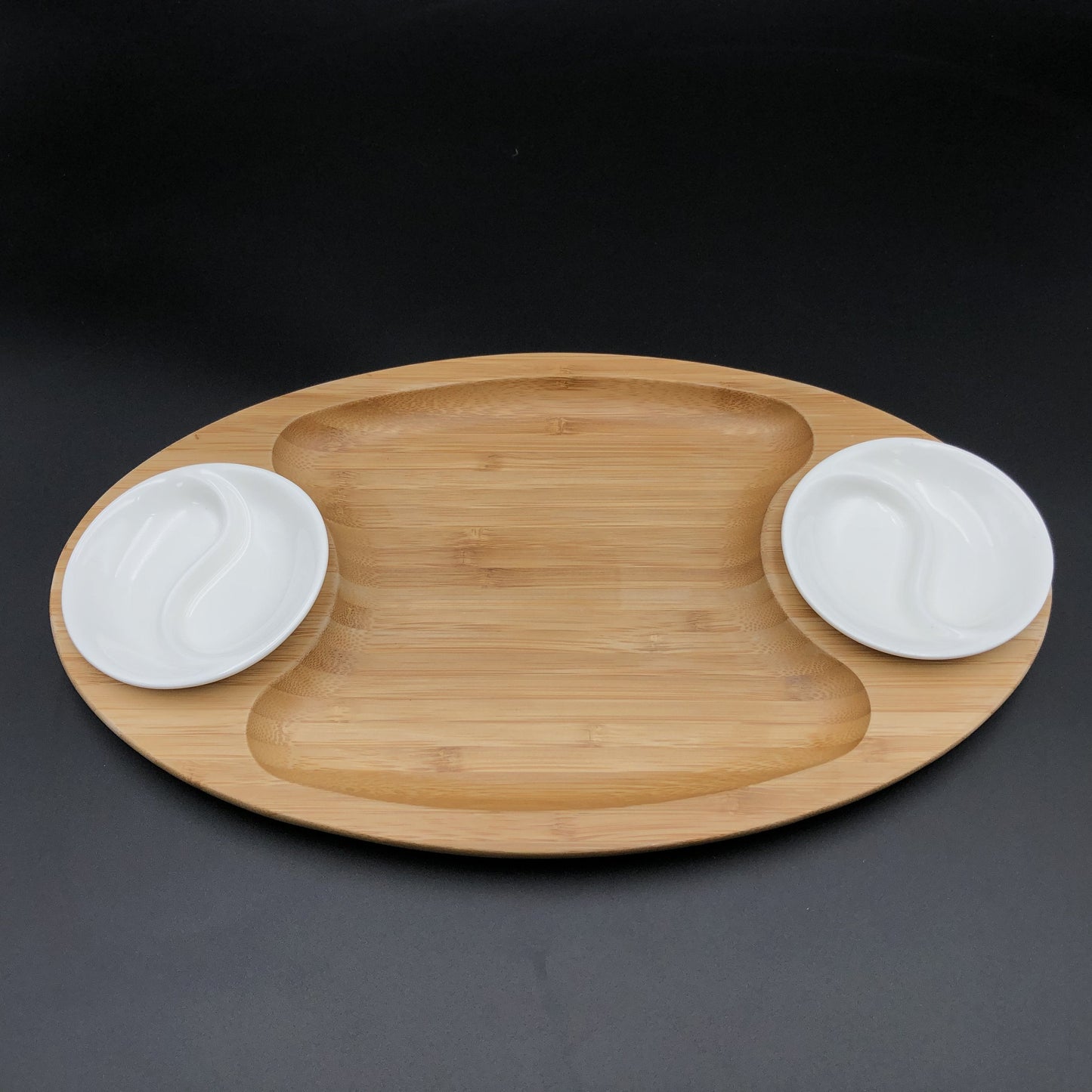 Fine Porcelain And Bamboo Serving Tray Combo Set With A Yin Yang 2 Section Saucer-0