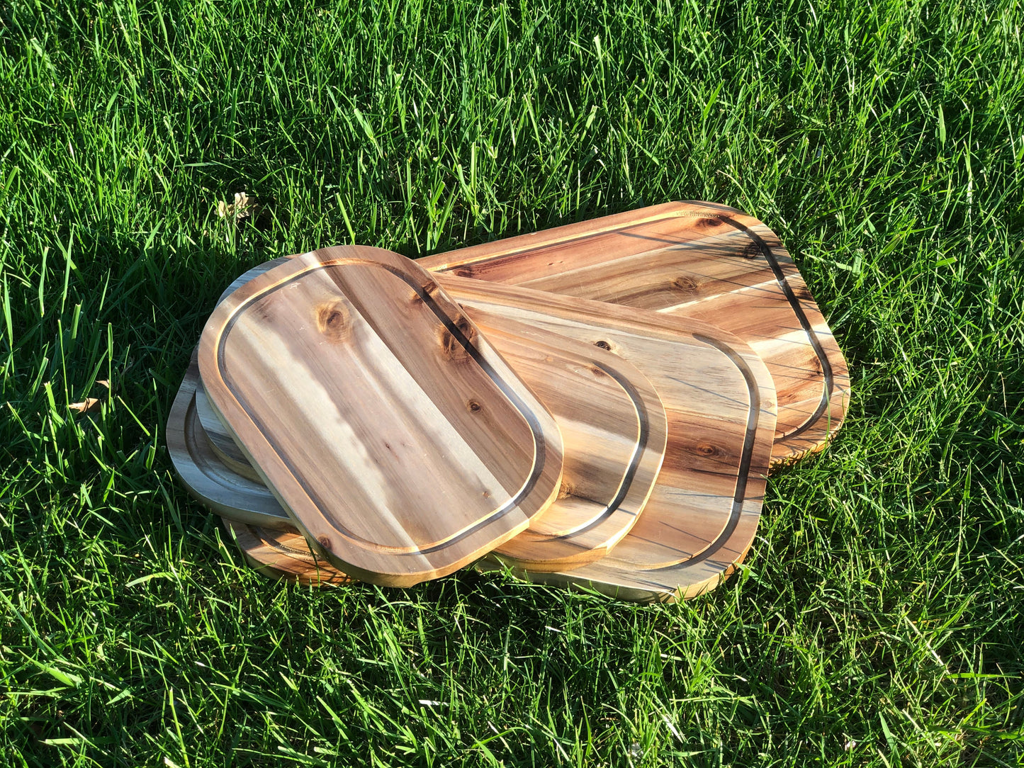 [ Set of 3 ] Zavis Green Acacia Wood Serving Rounded Cutting Board With Juice Groove 12" X 8" | Dishwasher Safe-1