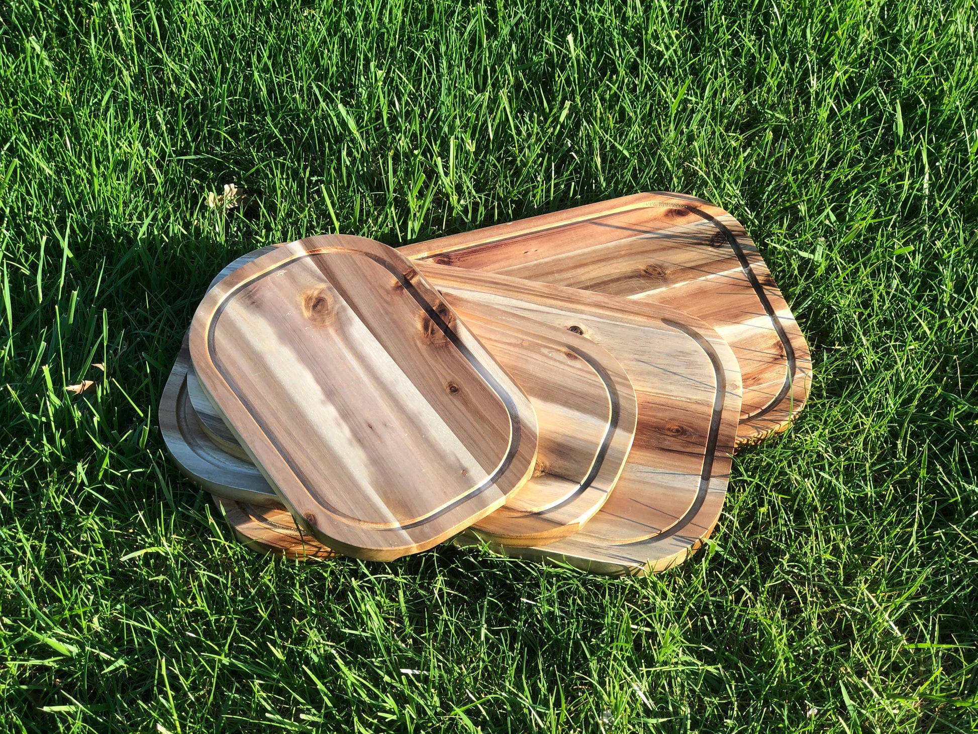 [ Set of 3 ] Zavis Green Acacia Wood Serving Rounded Cutting Board With Juice Groove 12" X 8" | Dishwasher Safe-1