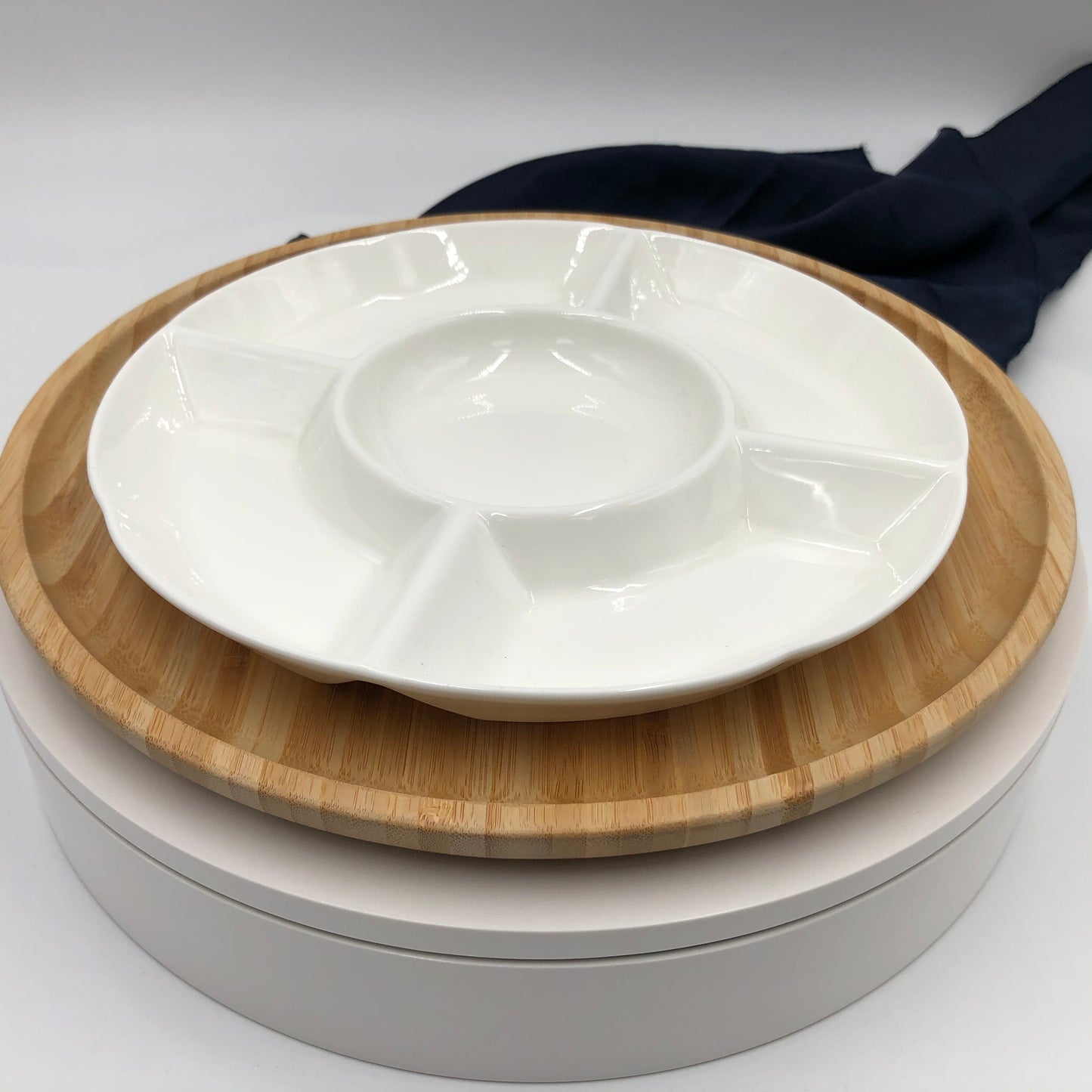 Bamboo And Fine Porcelain 5 Section Divided Dish/plate Setting-1