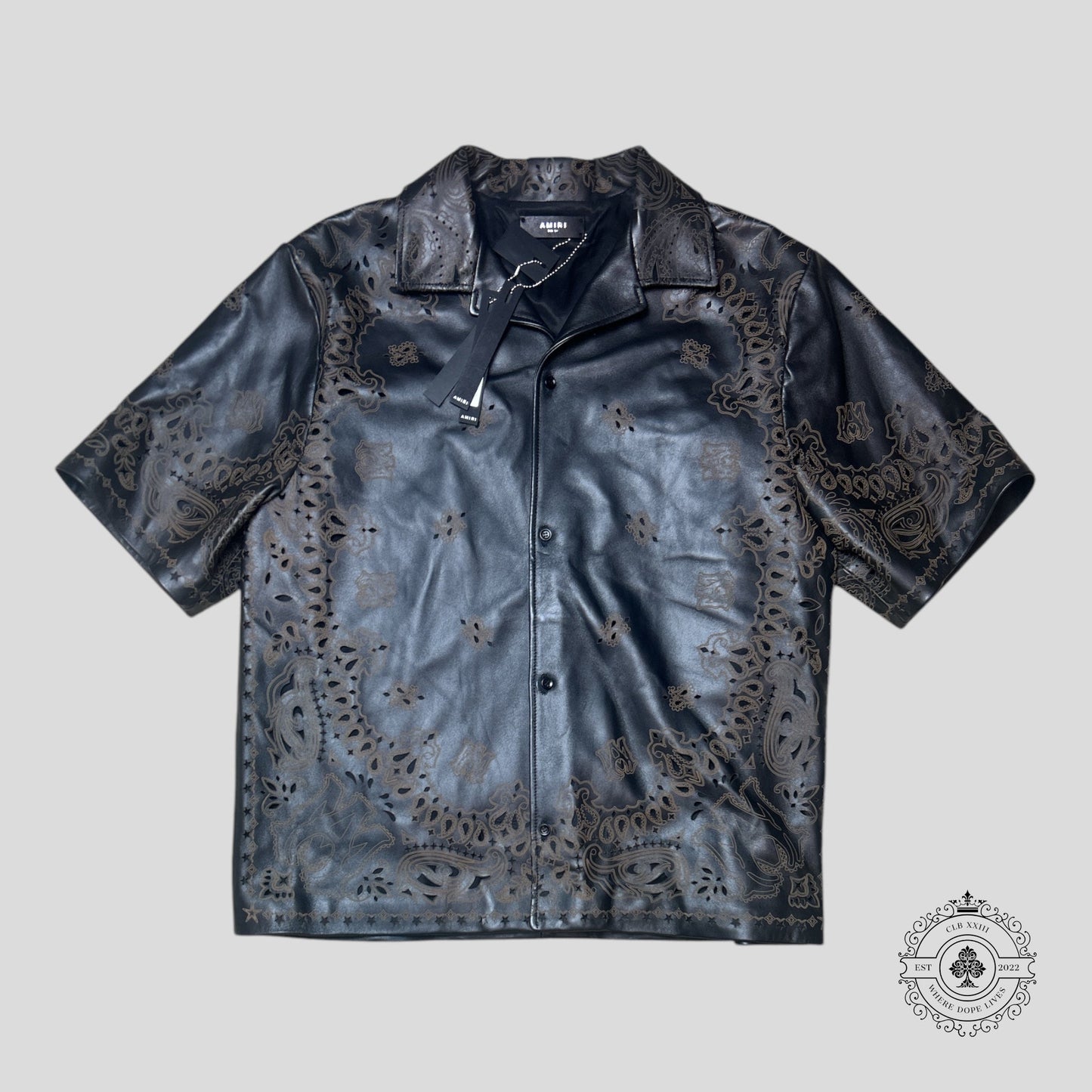 Amiri Leather Bandana Button Up Bowling Shirt in Brown