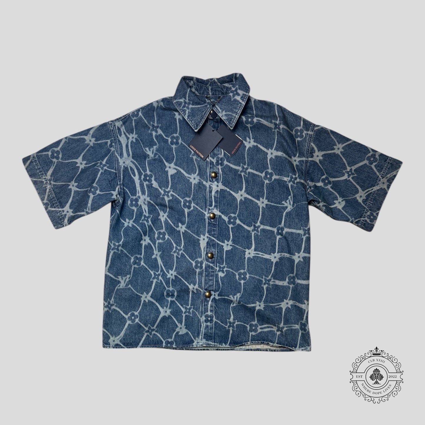 Louis Vuitton Fishnet Monogram Button Up Denim Shirt in Medium Wash