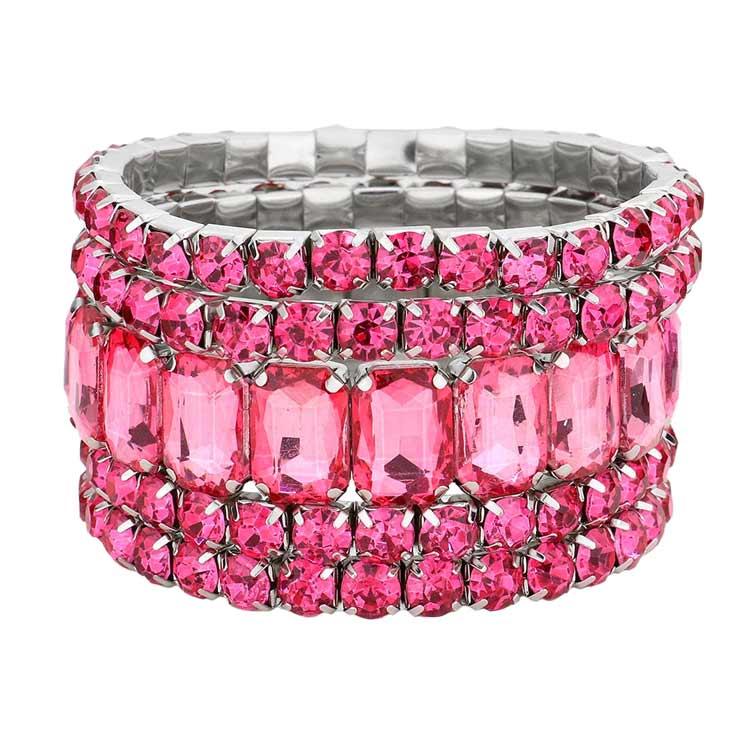 5Pcs Rectangle Round Stone Stretch Multi Layered Bracelets