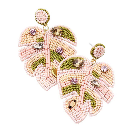 Felt Back Stone Embellished Seed Beaded Leaf Dangle Earring