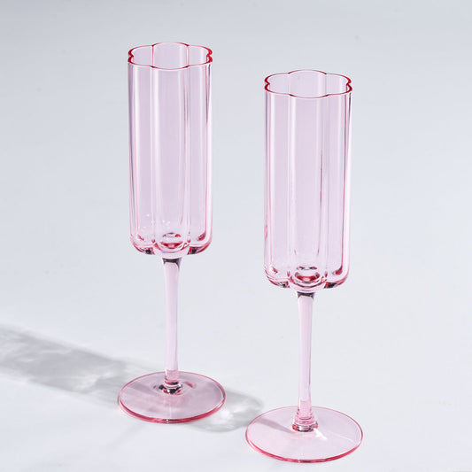 Flower Vintage Champagne Flute Glassware - Set of 2 - 7.4 oz Colorful Cocktail, Martini & Champagne Glasses, Prosecco, Mimosa Glasses Set, Cocktail Glass, Bar Glassware Luster Glasses 9" X 2" (Pink)-0