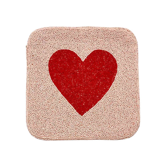 Heart Accented Seed Beaded Square Crossbody Bag