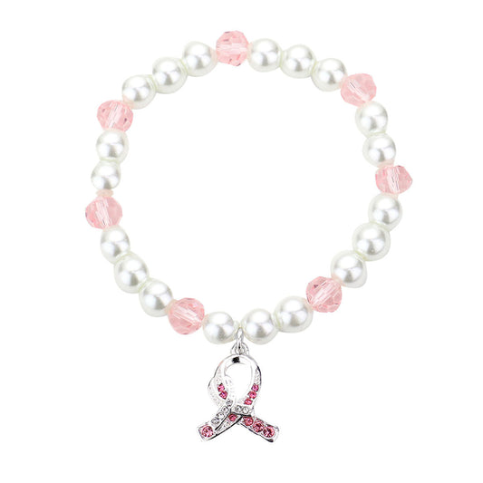 Rhinestone Pink Ribbon Charm Pearl Stretch Bracelet