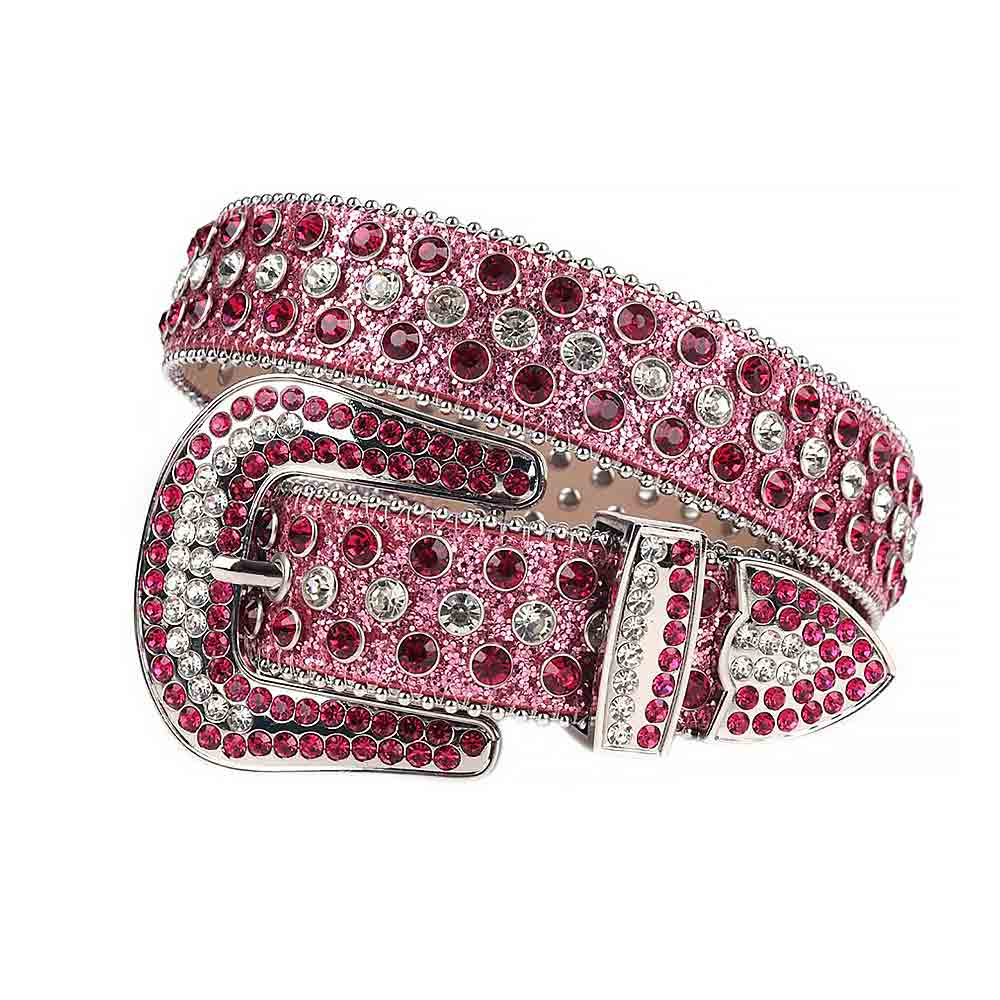 Pink and white rhinestone belt featuring genuine leather with hot pink and clear crystal studs, silver-tone buckle, and Western-inspired bling design for women and men. Ideal for Y2K, country concerts, festivals, streetwear, and statement outfits.