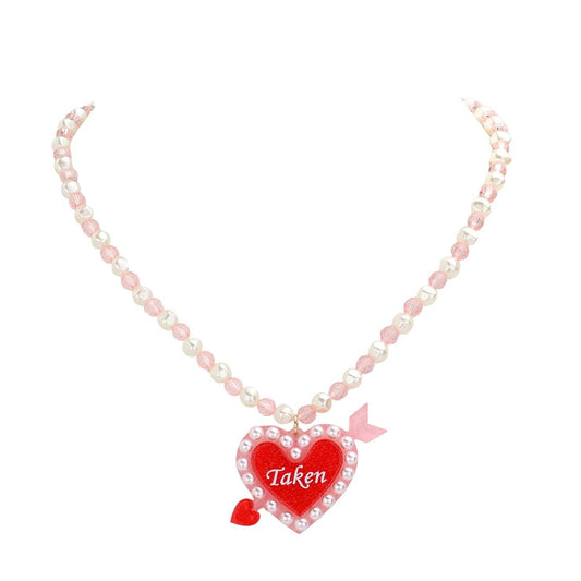 Taken Message Glittered Heart Arrow Pearl Beaded Necklace