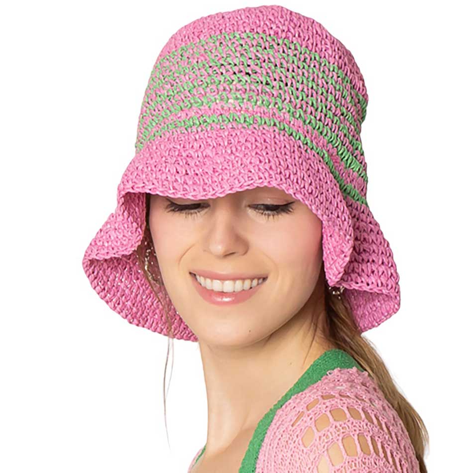 Two Tone Stripe Straw Bucket Hat