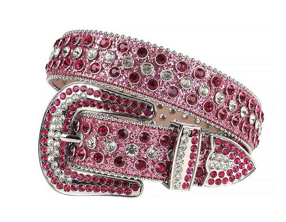 Pink and white genuine leather rhinestone belt with hot pink and clear crystal studs, oversized silver buckle, unisex fashion accessory for western, Y2K, festival, and statement outfits.