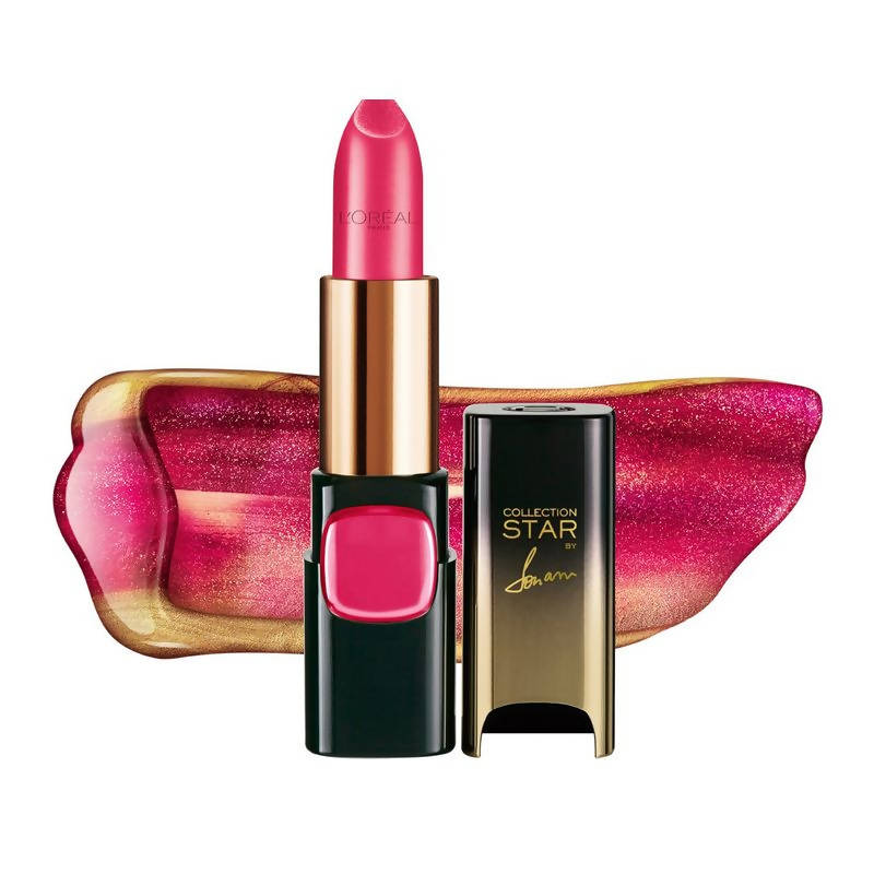 Pink L'Oreal lipstick with gold and black packaging on a white background