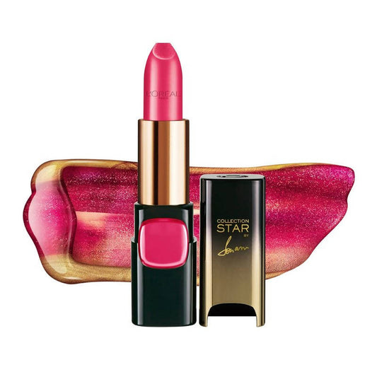 Pink L'Oreal lipstick with gold and black packaging on a white background