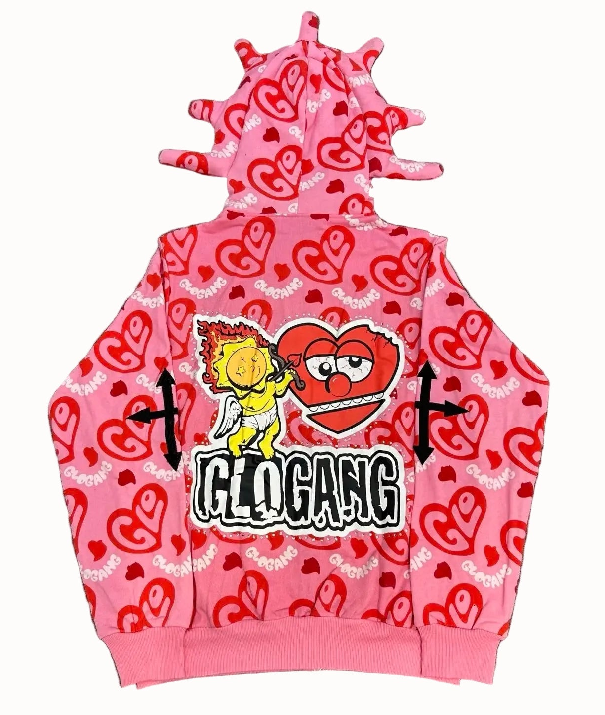 Pink hoodie with heart patterns and a graphic design on a gray background