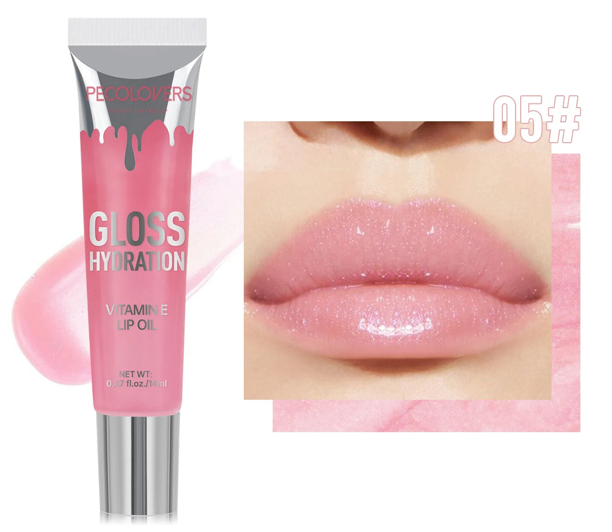 Pink lip gloss with 'Pecolovers' branding and close-up of lips wearing the product.