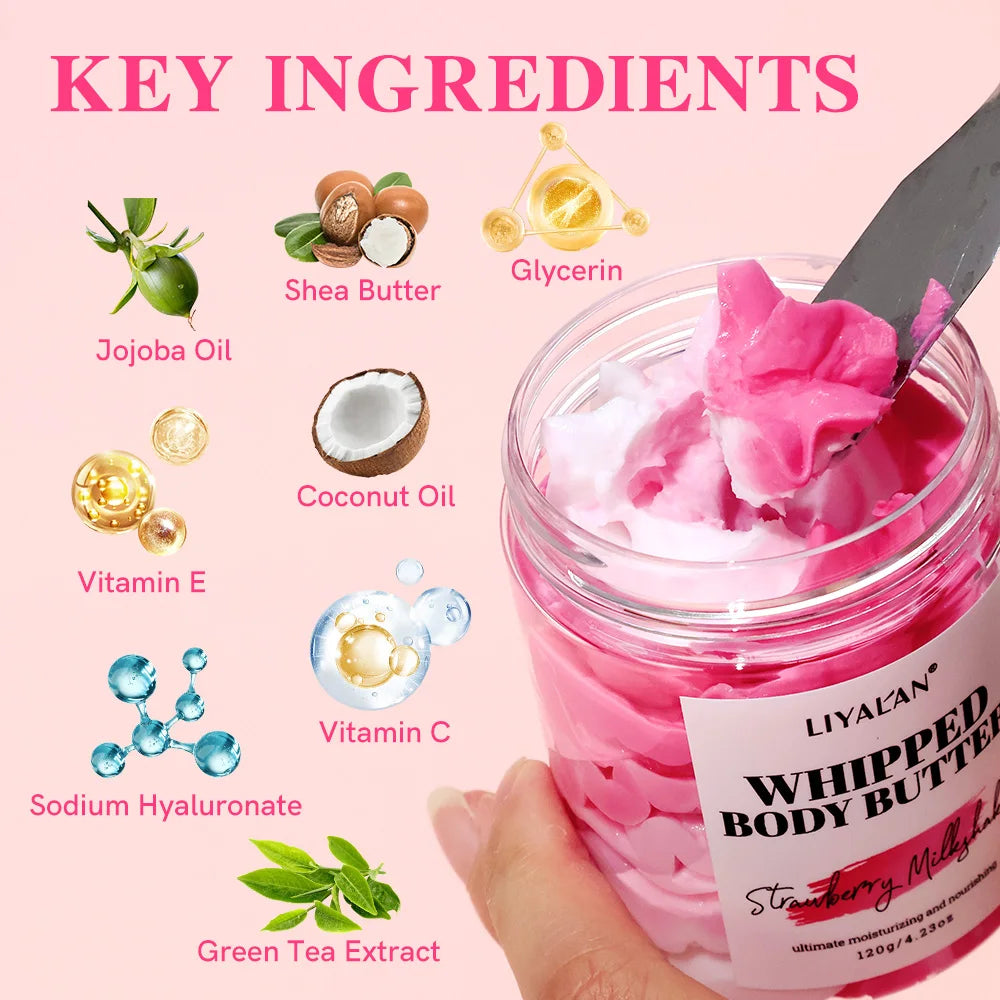 Pink whipped body butter with key ingredients listed on a pink background. Jar of LIYALAN whipped body butter labeled 'strawberry' Multicolor Whipped Body Butter Coconut Oil Jojoba Oil Vitamin E Sodium Hyaluronate Glycerin Nourishing Hydration Cream Vegan Strawberry 