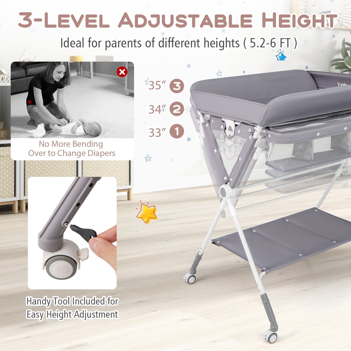 Portable Baby Changing Table with 3-Level Adjustable Height