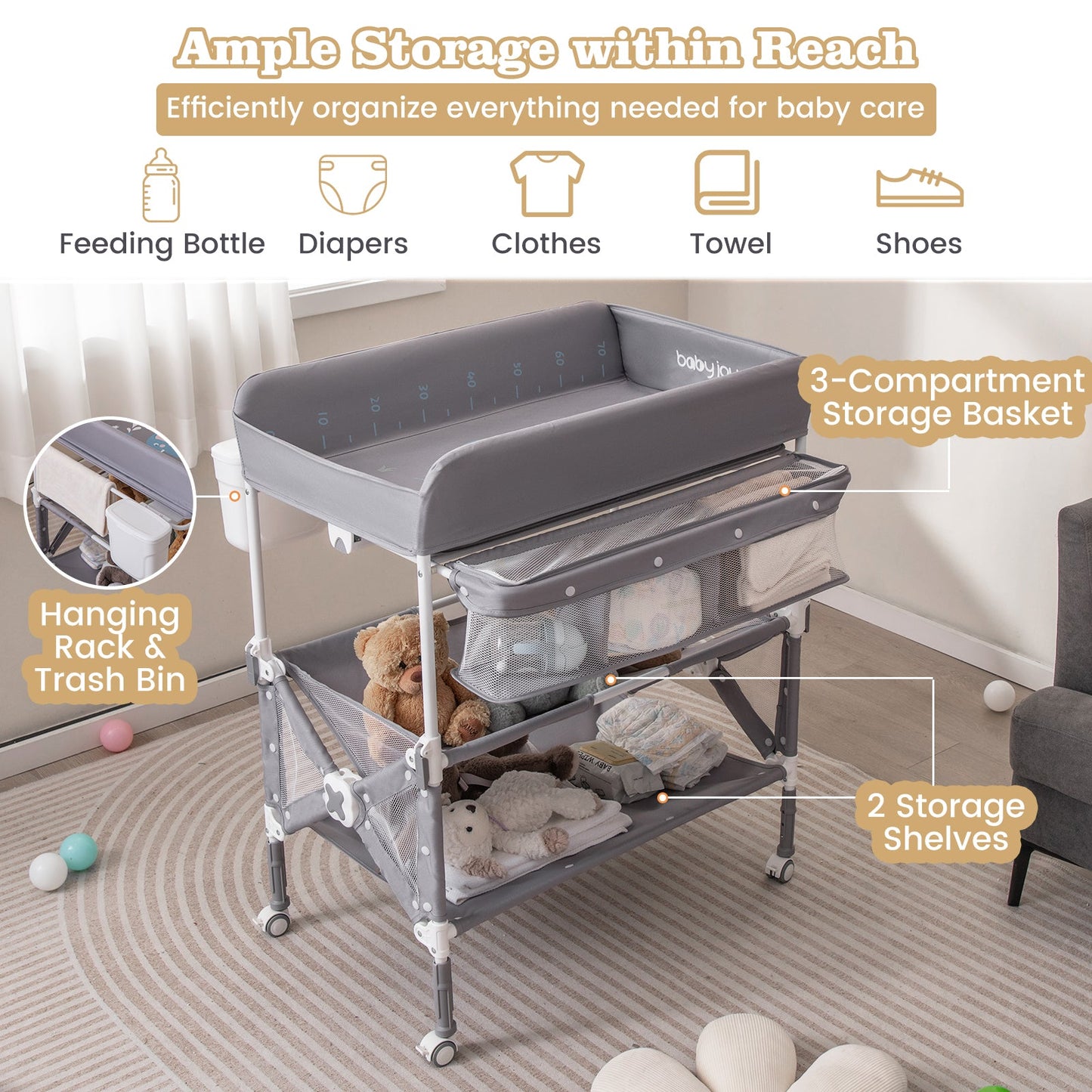 Portable Baby Changing Table with Wheels and Large Storage Rack