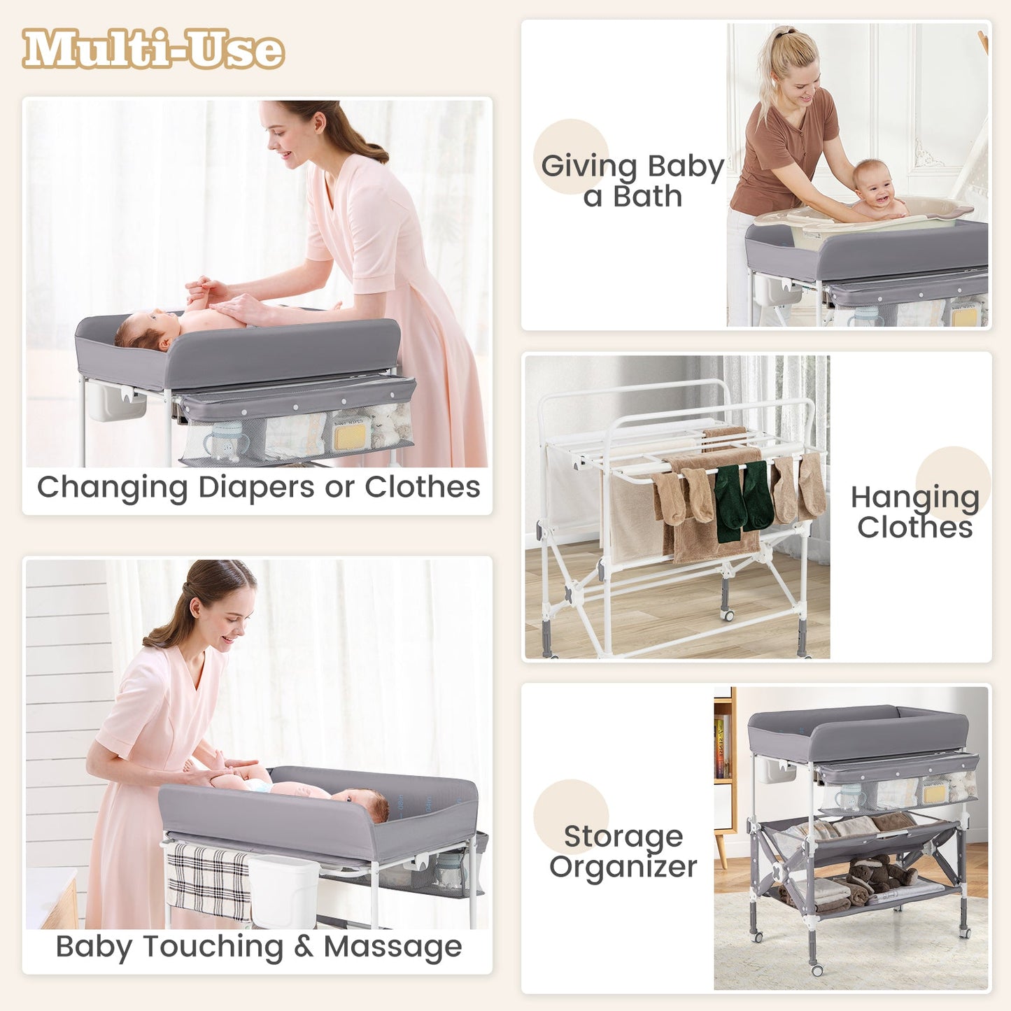 Portable Baby Changing Table with Wheels and Large Storage Rack