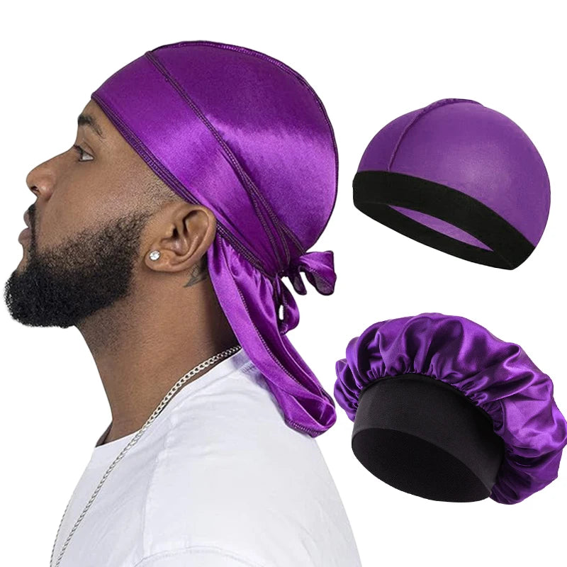 Purple satin hair bonnet and durag set with a man wearing the bonnet. Man wearing a purple satin durag with close-up images of the product on a white background. Man wearing a purple satin bonnet with close-up insets on a white background. Man wearing a purple durag with additional durags displayed on a white background. purple satin hair wrap on a man with a white background. purple mens bonnet headtie in purple 3 piece 3 pc durag, satin durag, silky durag, men durag, wave cap, pirate durag, long tail 