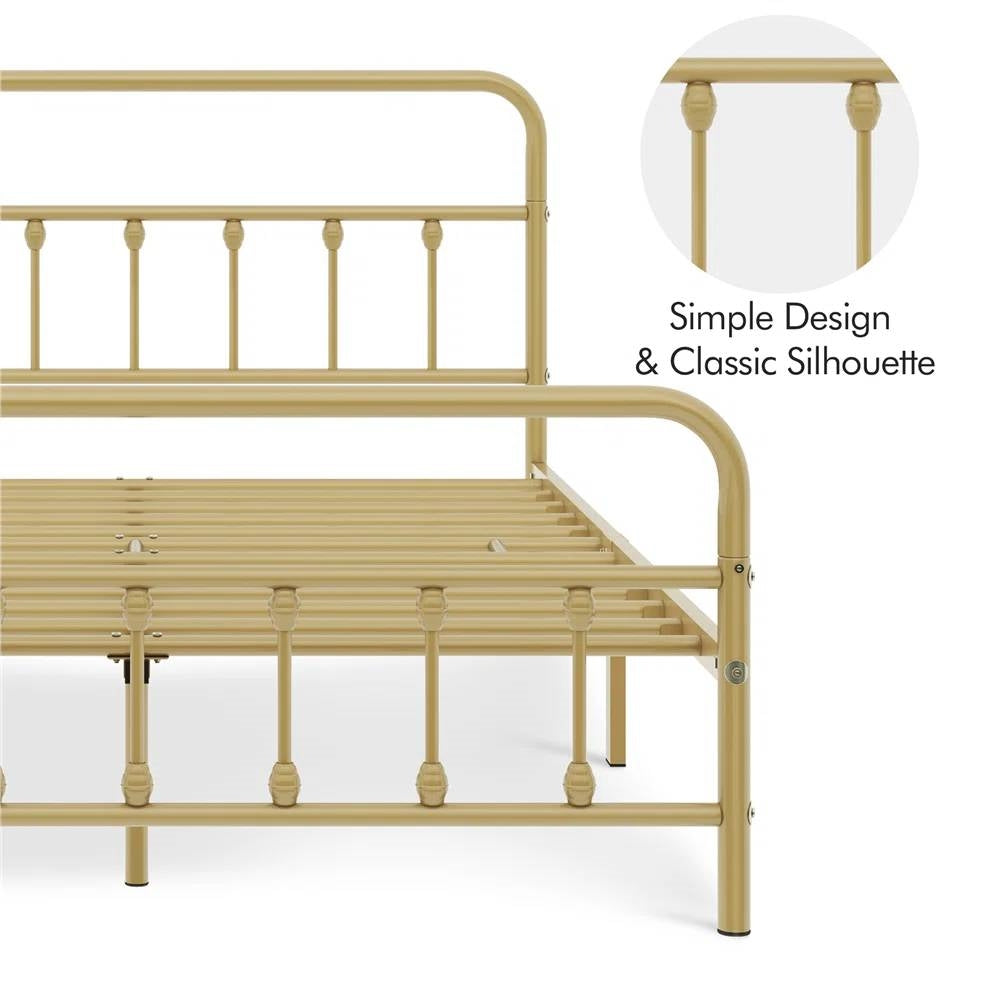 Queen Vintage Antique Gold Metal Platform Bed Frame with Headboard Footboard-1