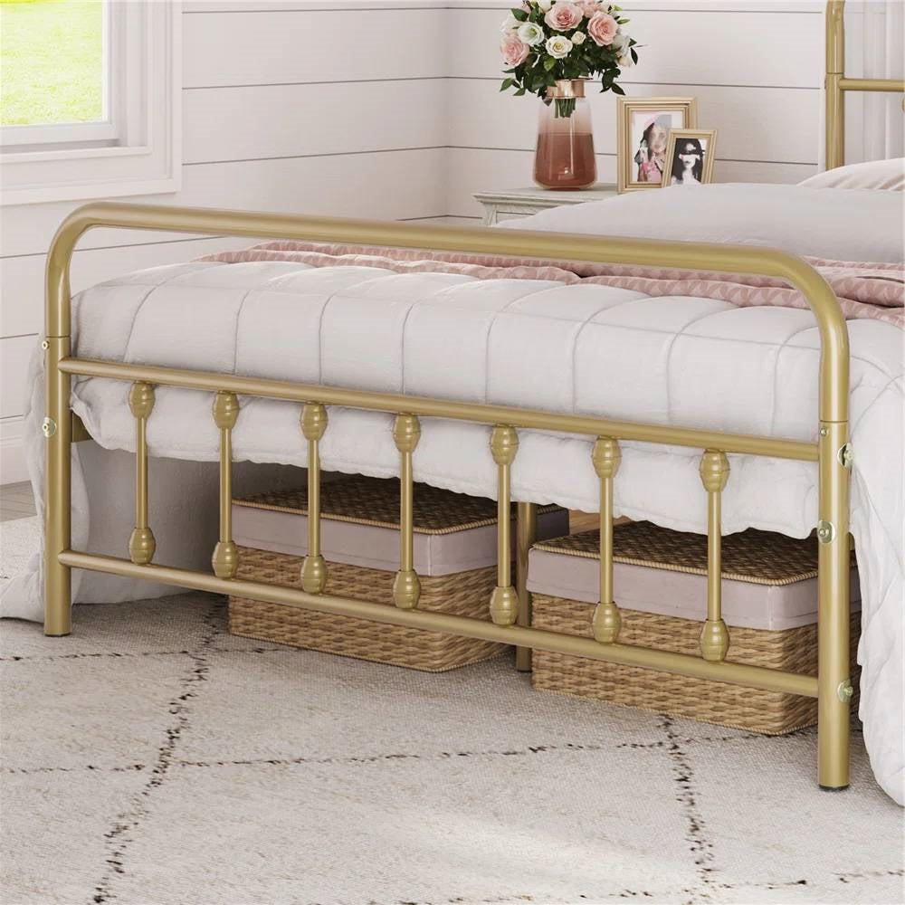 Queen Vintage Antique Gold Metal Platform Bed Frame with Headboard Footboard-2