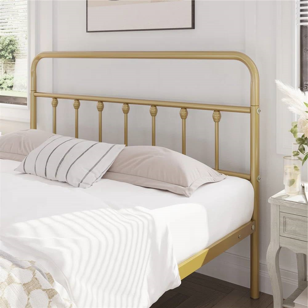 Queen Vintage Antique Gold Metal Platform Bed Frame with Headboard Footboard-3