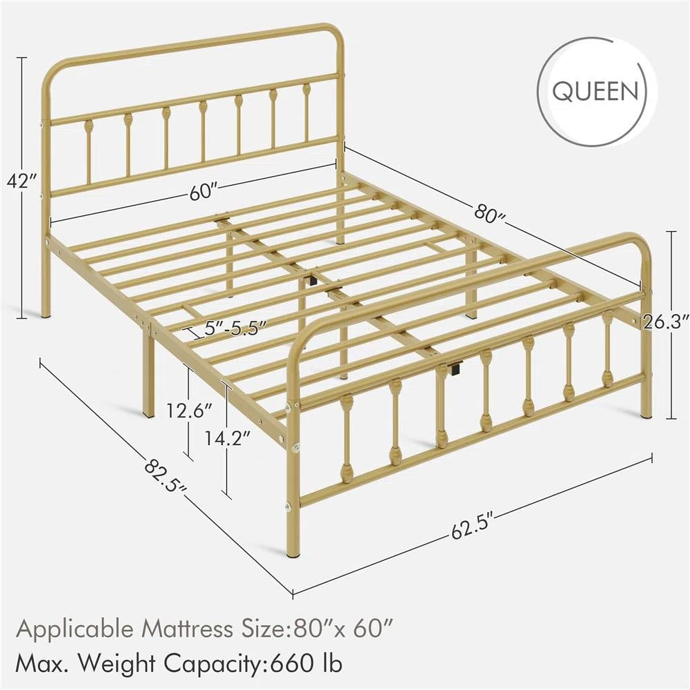 Queen Vintage Antique Gold Metal Platform Bed Frame with Headboard Footboard-4