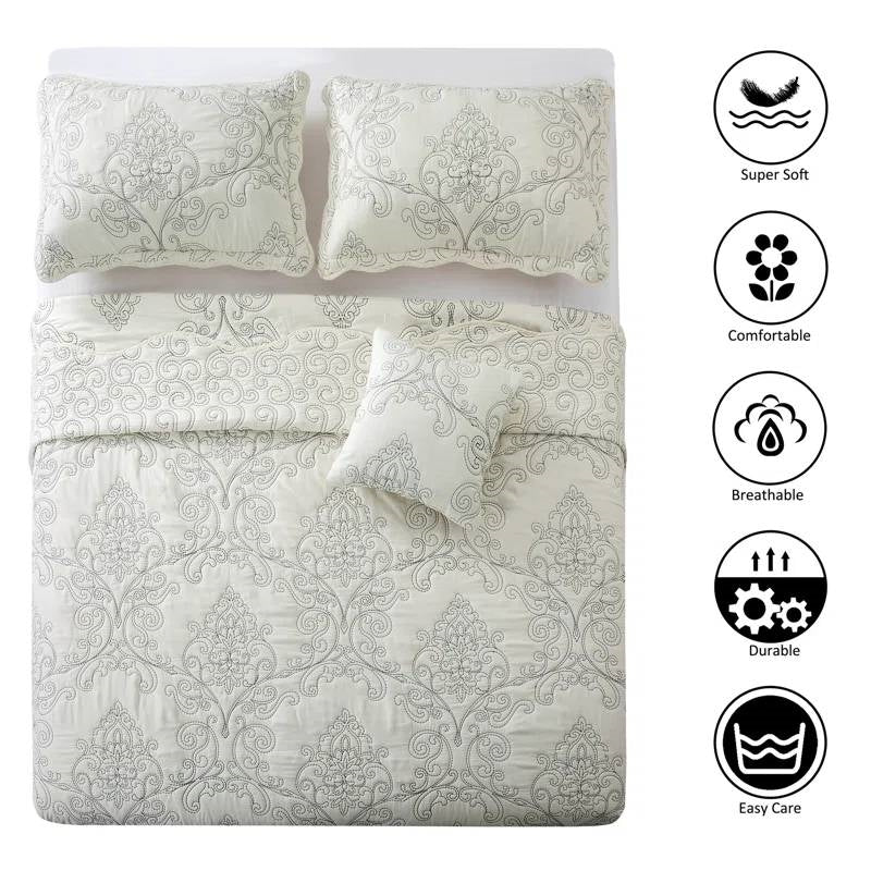 Queen size Antique White Damask Embroidered 4 Piece Oversized Bedspread Set-4