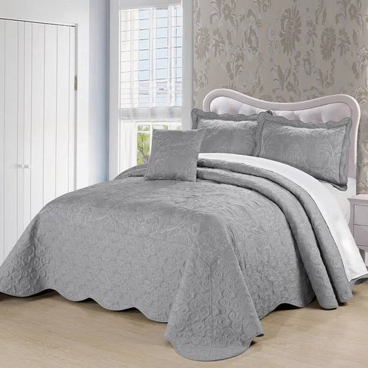 Queen size Ash Grey Damask Embroidered 4 Piece Oversized Bedspread Set-0