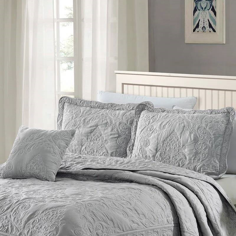 Queen size Ash Grey Damask Embroidered 4 Piece Oversized Bedspread Set-1