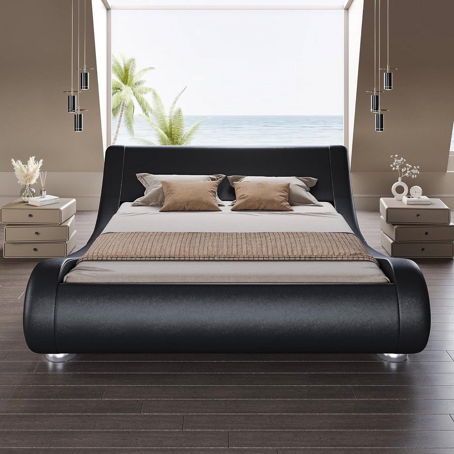 Queen Modern Black Upholstered Platform Bed Frame with Sleigh Curved Headboard-1