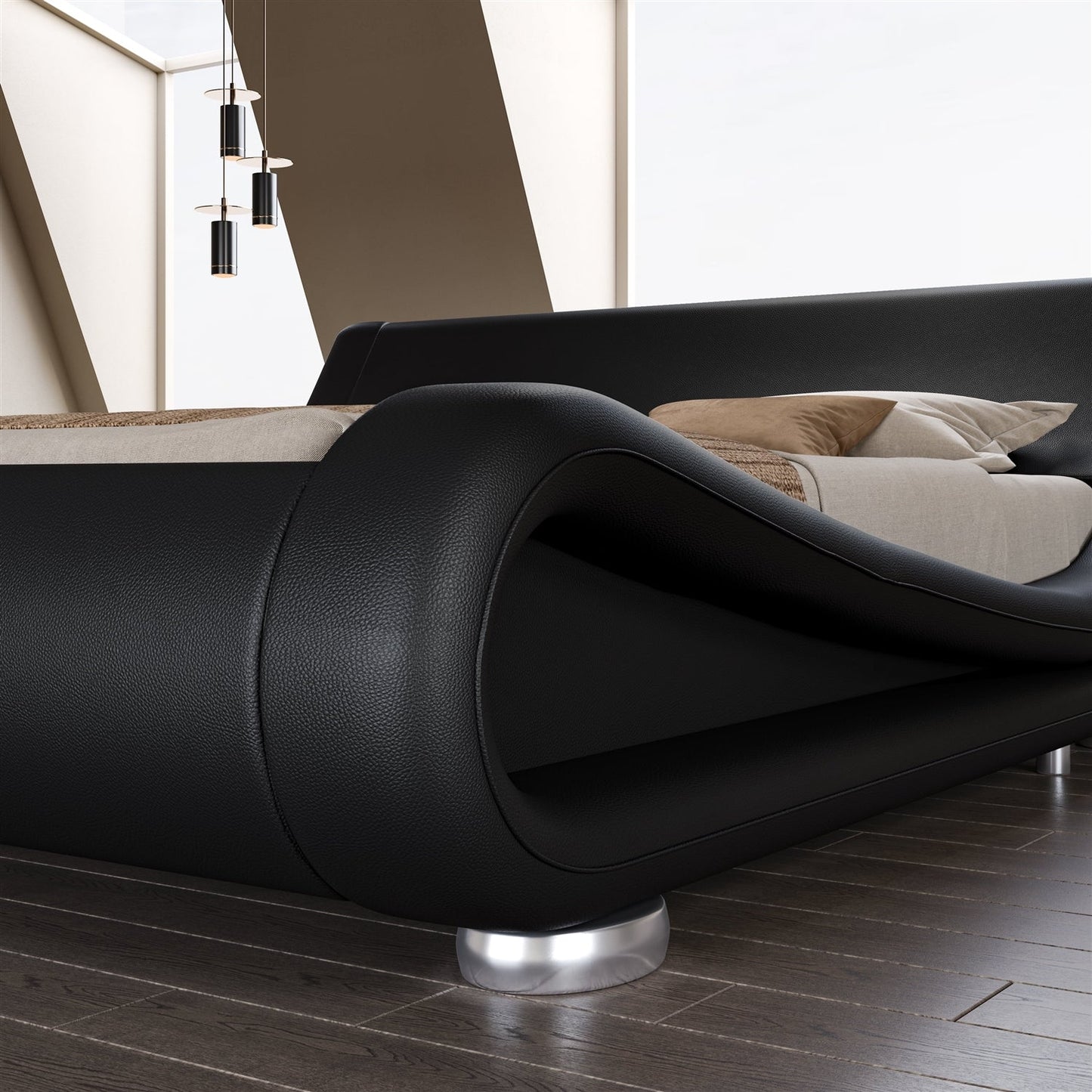Queen Modern Black Upholstered Platform Bed Frame with Sleigh Curved Headboard-2